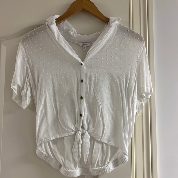 Candies White Button Up Top with Tie and Textured Dots - Picture 2 of 3